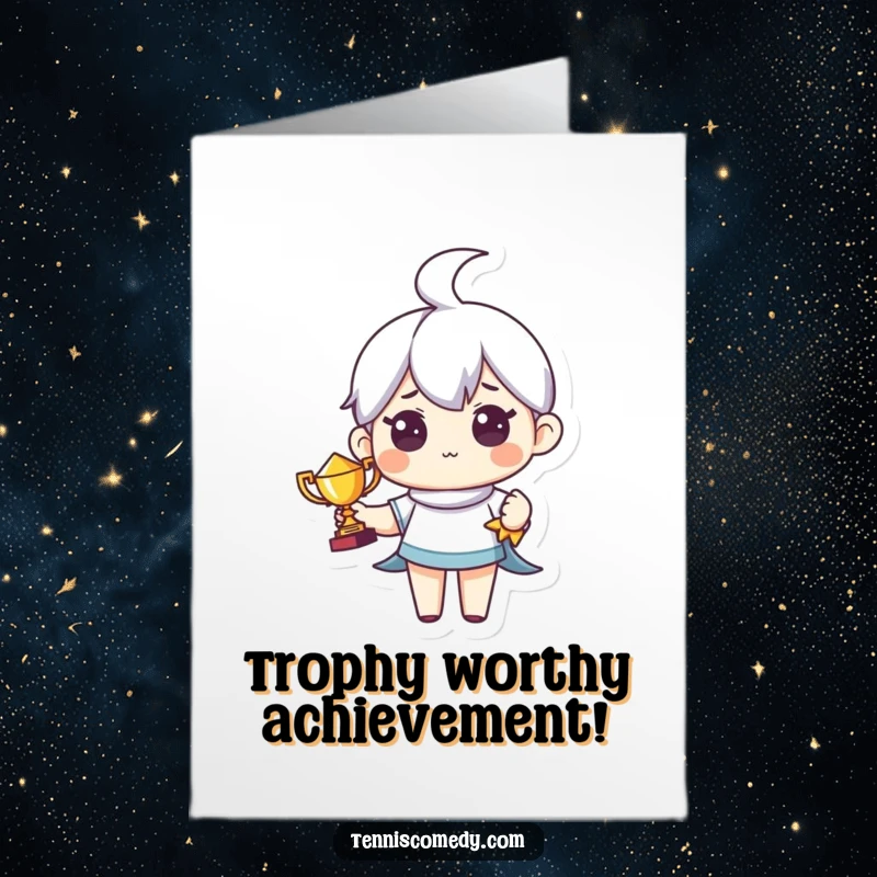 Funny Free Printable Congrats Card: Cute character beaming with pride while holding a tiny trophy of victory.