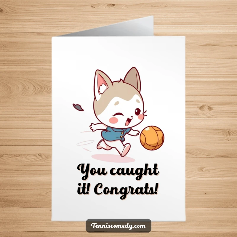 Funny Free Printable Congratulations Card: Character takes a comical tumble chasing a fast ball, celebrating success with humor.