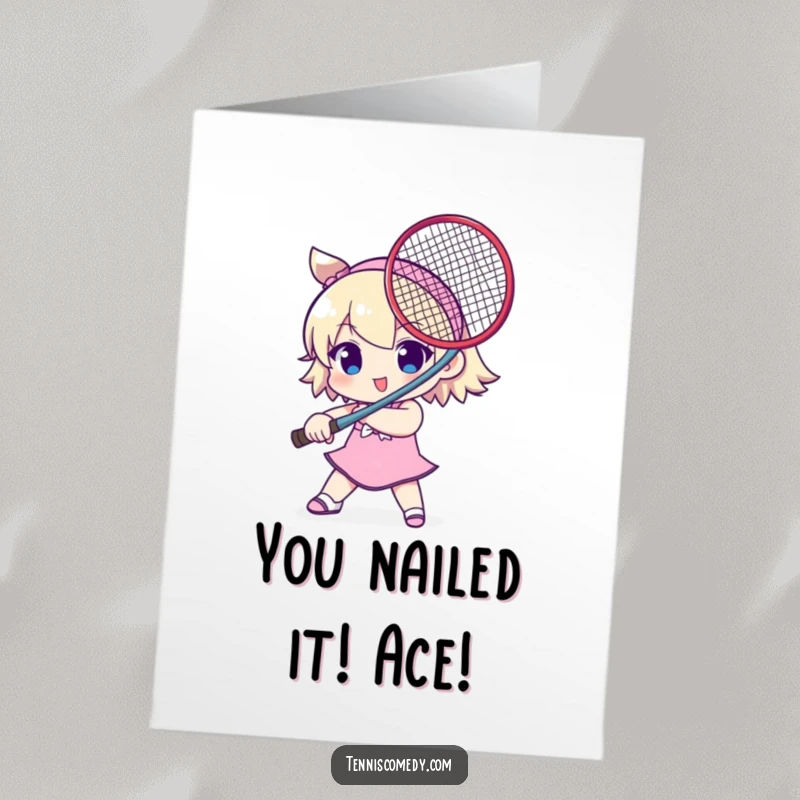 Funny Free Printable Congrats Card: Cute character victoriously holds tennis racket like a sword, celebrating a win.