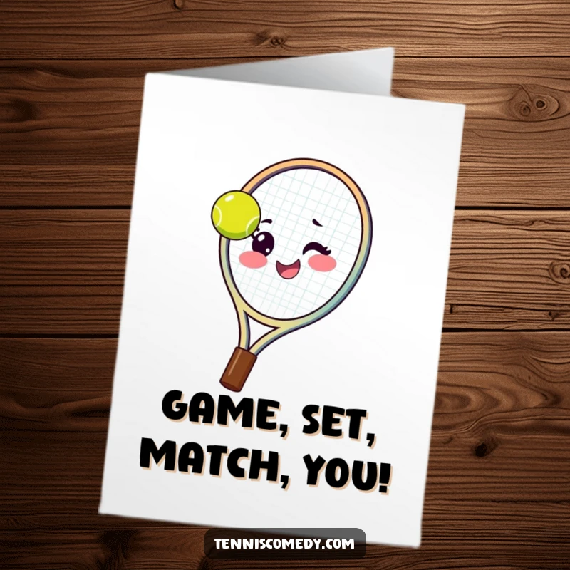 Funny Free Printable Congratulations Card: A tennis racket winks as it playfully spins a ball on its strings.