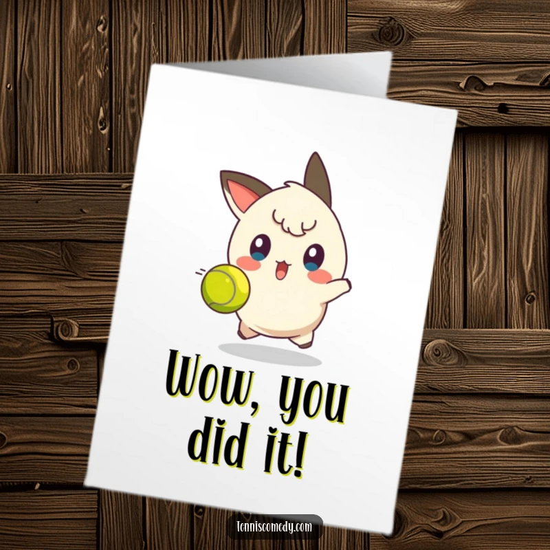 Funny Free Printable Congratulations Card: Character surprised, dodging a speedy tennis ball, celebrating your lucky win.