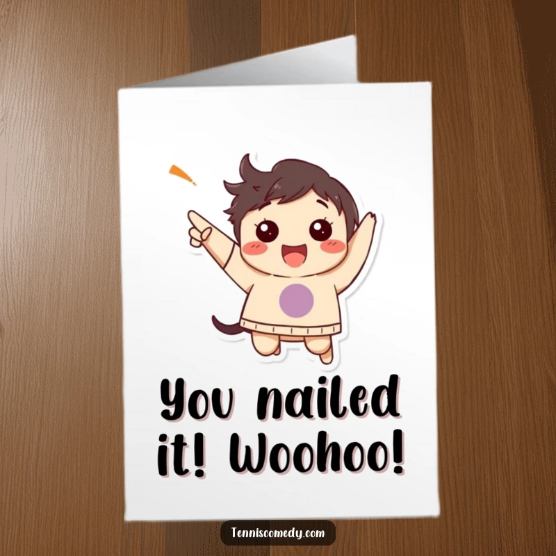 Funny Free Printable Congratulations Card: A character performs a jubilant jump, celebrating a hard-earned point and their fantastic achievement with infectious joy.