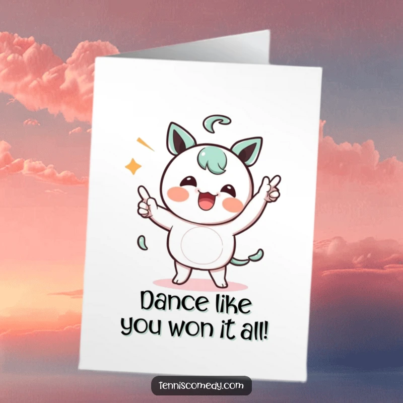 Funny Free Printable Congratulations Card: Kawaii character performing a comically silly dance to celebrate a point.