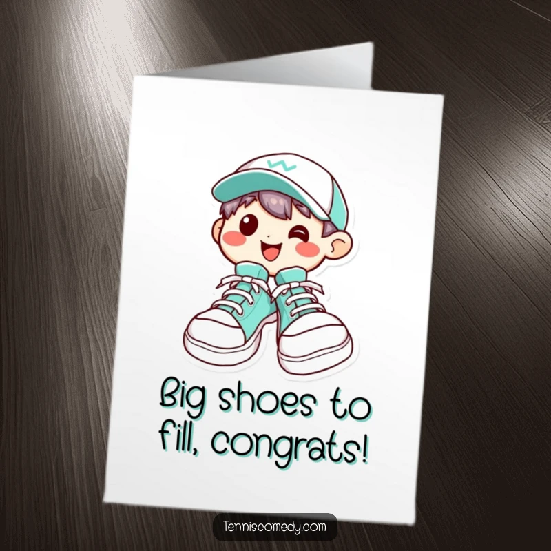 Funny Free Printable Congratulations Card: Kawaii character grinning widely, wearing comically oversized tennis shoes.