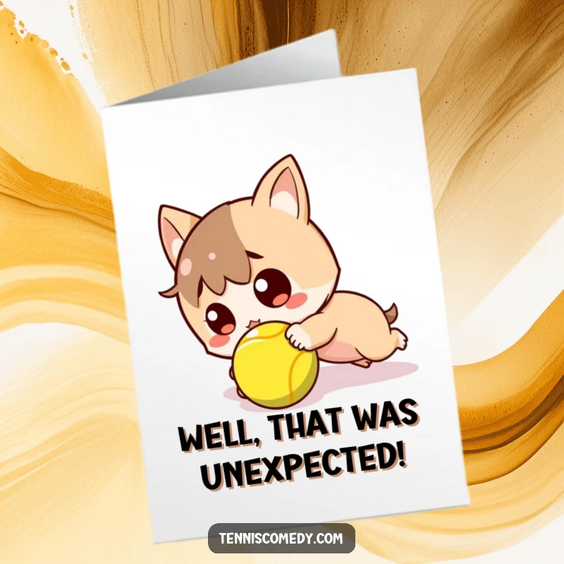 Funny Free Printable Congrats Card: Kawaii tennis character surprised after tripping over a ball, a humorous DIY greeting for any occasion.