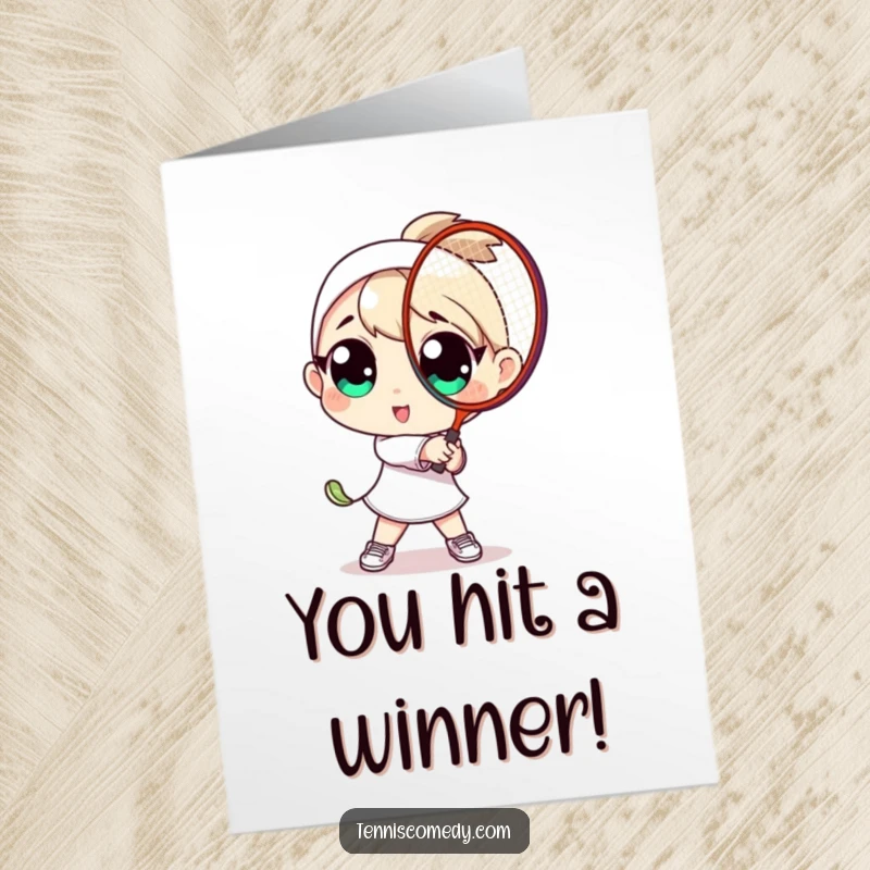 Funny Free Printable congratulations card: a character with comically large eyes energetically swings a tennis racket.