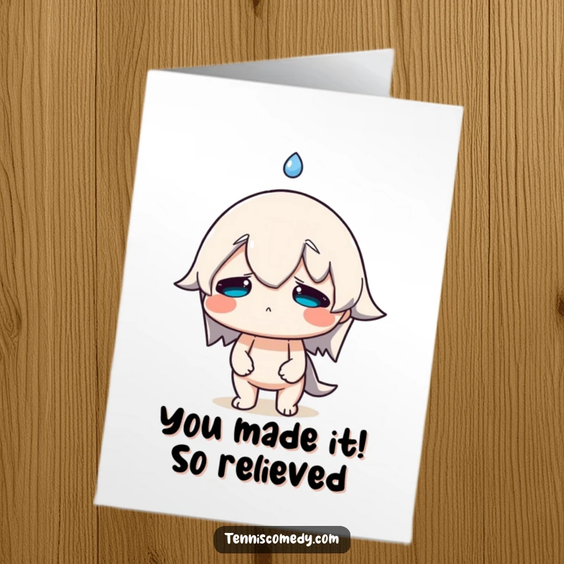 Funny Free Printable Congratulations Card: Character sweats heavily, a large drop flying, relieved yet proud of your success.