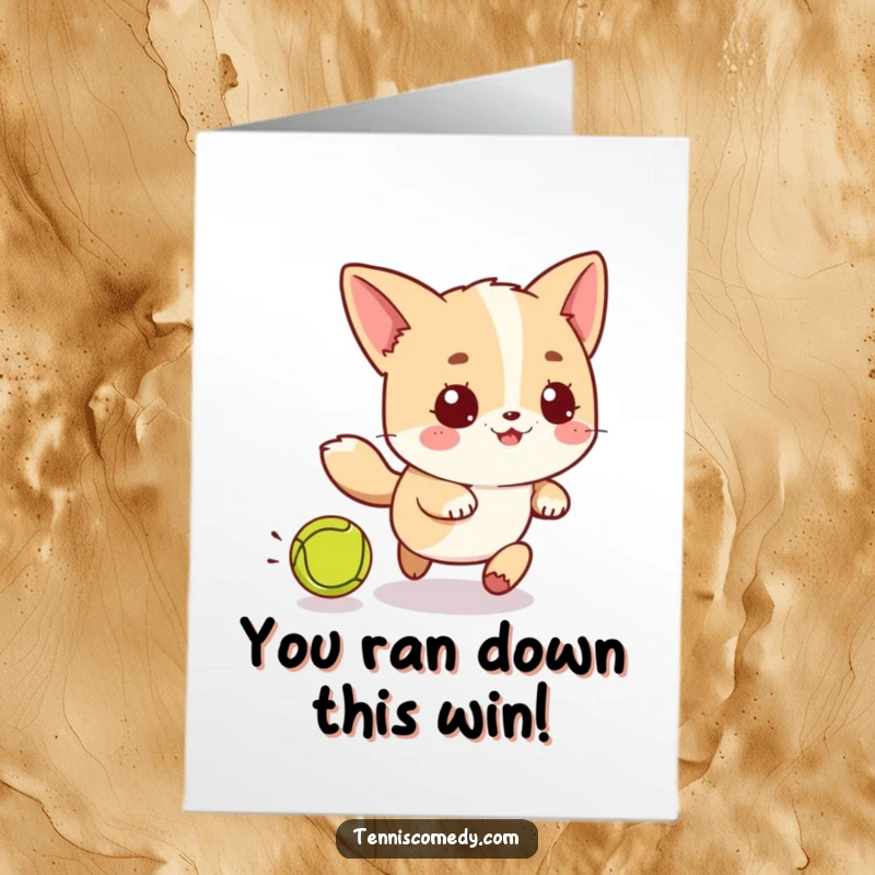 Funny Free Printable Congratulations Card: Kawaii character playfully chasing a tennis ball, symbolizing pursuit of goals.
