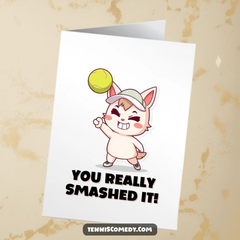 Funny Free Printable Congrats Card: Tennis Character Serving Ball with Determination - Congrats on the Win!