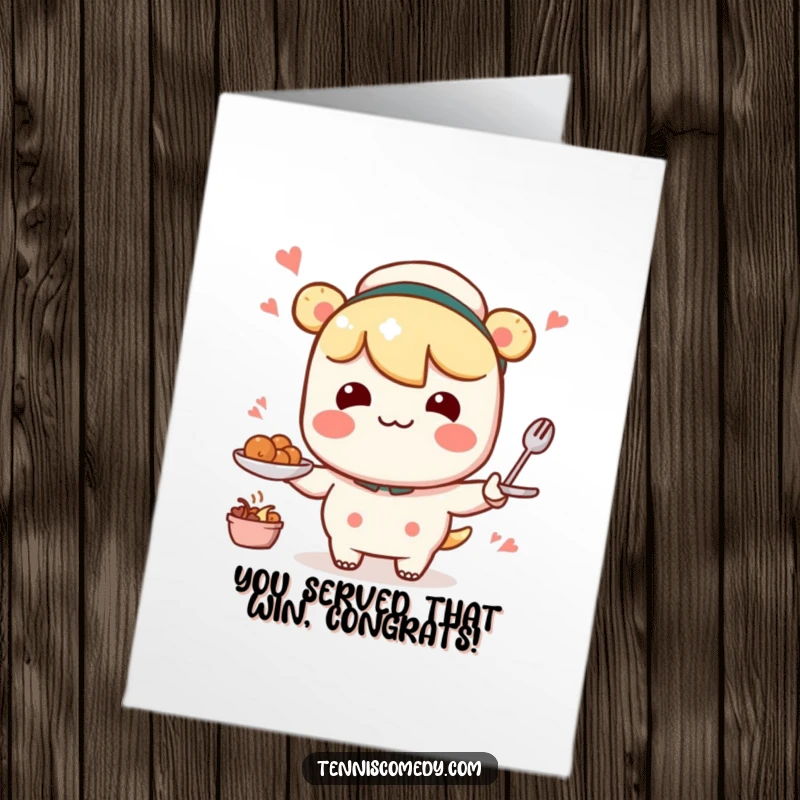 Funny Free Printable Congratulations Card: Kawaii character with a determined face, serving with a comical wobble.