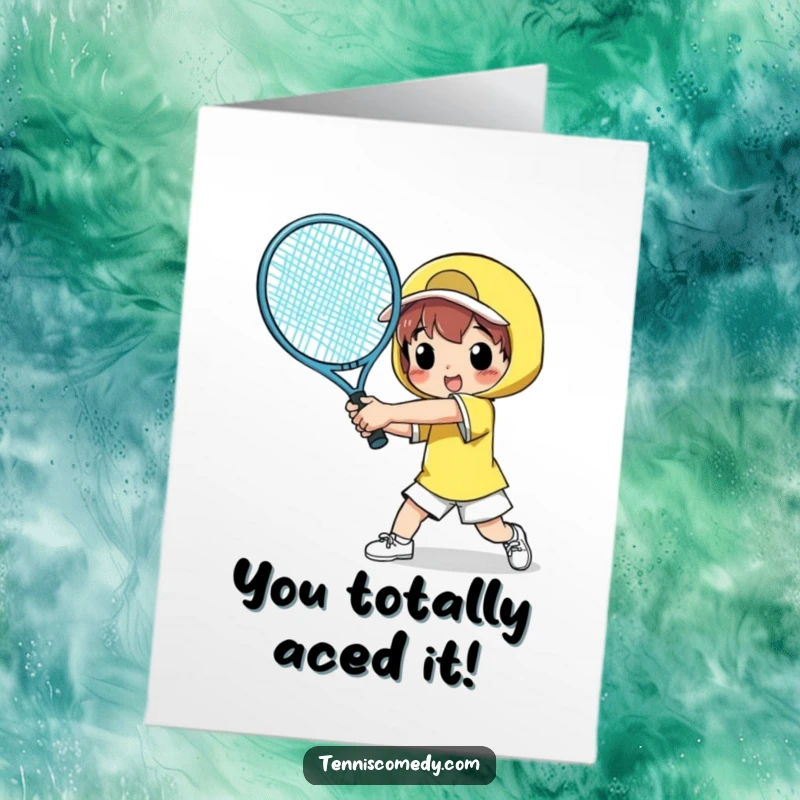 Funny Free Printable Congrats Card: Tennis player comically swings a massive racket, celebrating a victory in humorous style.