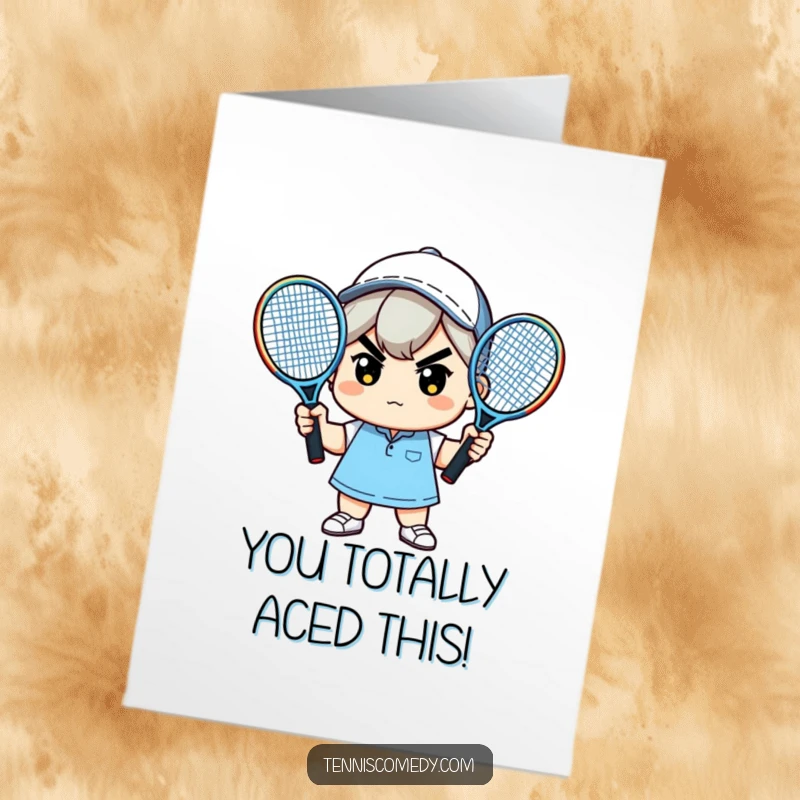 Funny Free Printable Congratulations Card with a focused kawaii character holding two tennis rackets, ready for victory.