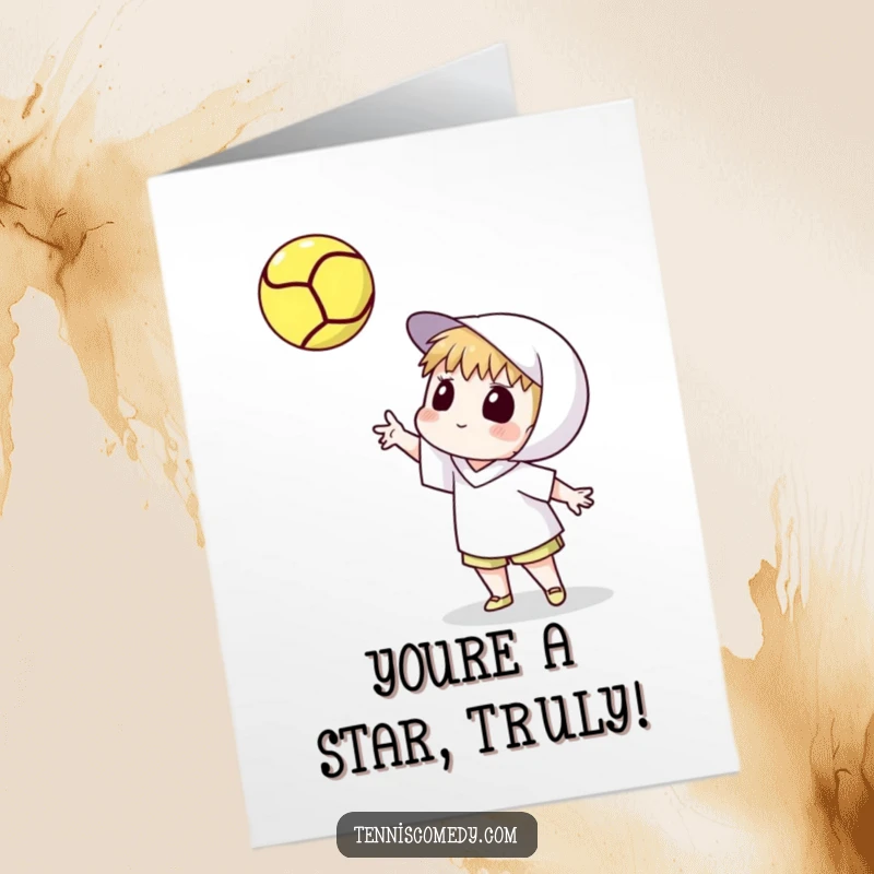 Funny Free Printable Congrats Card: Tennis Character Gazing at a Spinning Tennis Ball - Congrats on the Great Play!