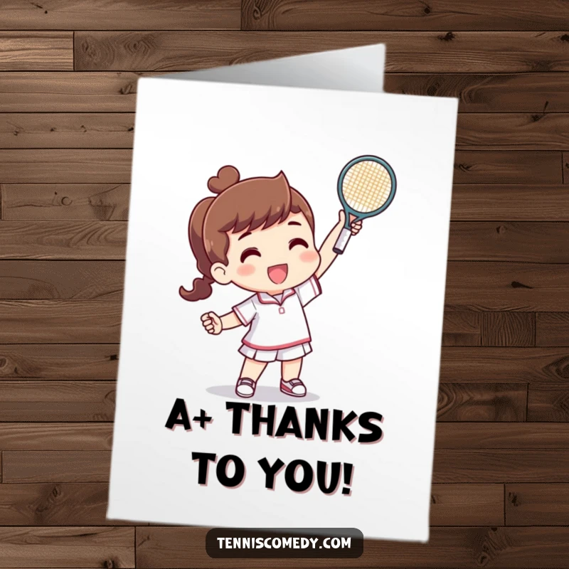 Funny Free Printable Thank You Card: Tennis character victoriously holding a tiny racquet, sending thanks.