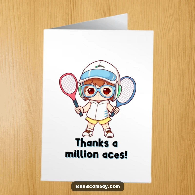 Funny Free Printable Thank You Card: A character sporting oversized tennis gear strikes a playful pose, expressing gratitude with a humorous, oversized style.