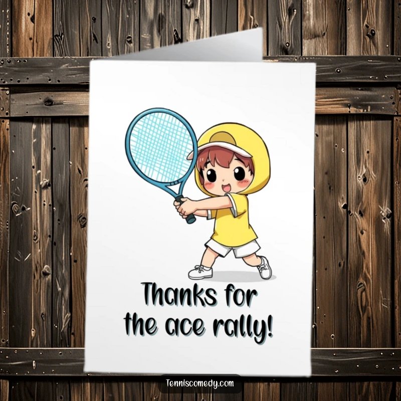 Funny Free Printable Thank You Card: Tennis player comically swinging a giant racket, missing the ball but sending thanks.