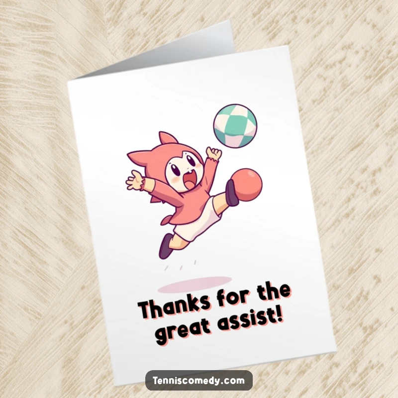 Funny Free Printable thank you card: a character leaps high in the air, ready to hit a ball as a sign of thanks.