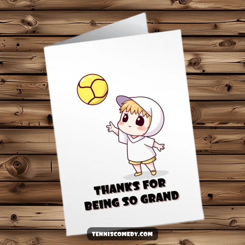 Funny Free Printable Thank You Card: Tennis Character Watching a Spinning Tennis Ball - Thanks for the Perfect Toss!
