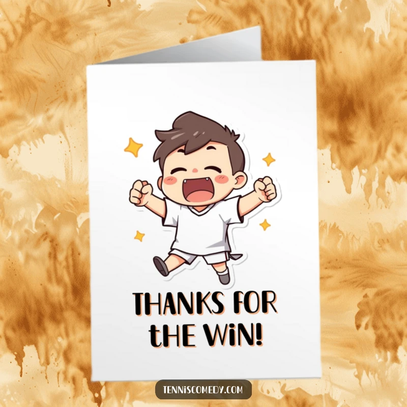 Funny Free Printable Thank You Card: A character triumphantly cheers with fists pumped, perfect for expressing heartfelt thanks.