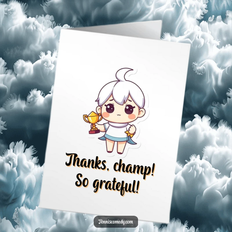 Funny Free Printable Thank You Card: Cute character holds a tiny trophy with pride, expressing heartfelt thanks.