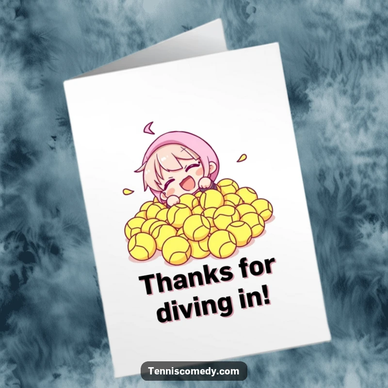 Funny Free Printable Thank You Card: Tennis character comically tumbles into a pile of tennis balls, sending thanks.