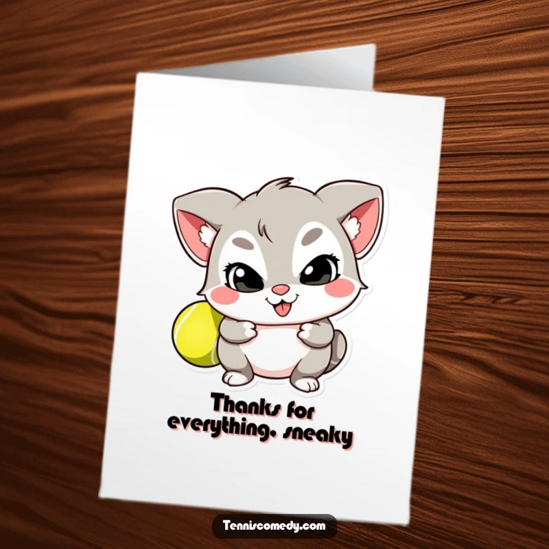 Funny Free Printable Thank You Card: A mischievous character with a tennis ball, perfect for a playful thank you message.