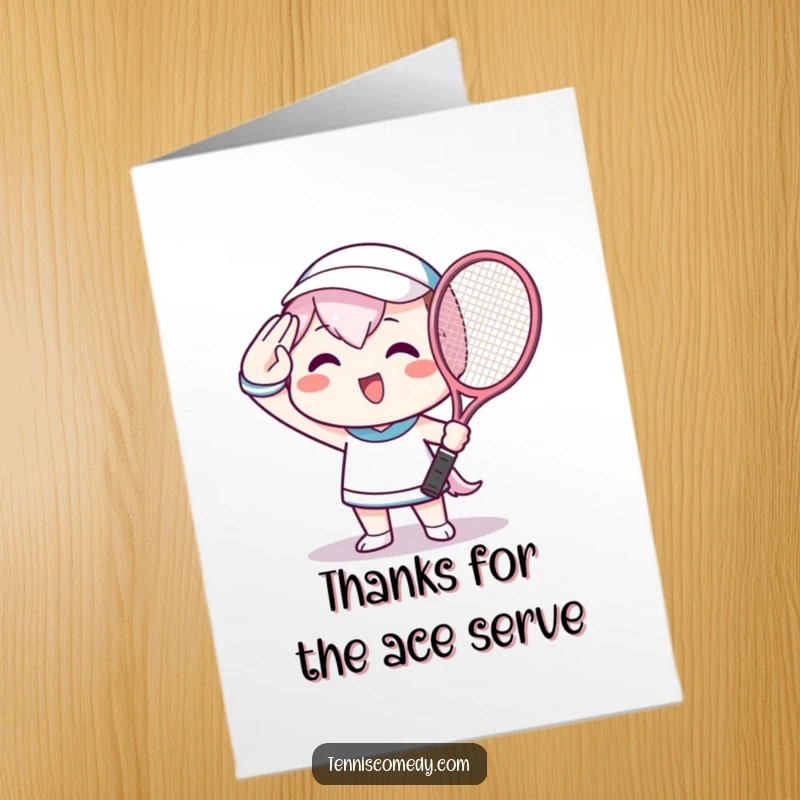 Funny Free Printable Kawaii Tennis Thank You Card featuring a beaming character saluting with a racket, expressing gratitude.