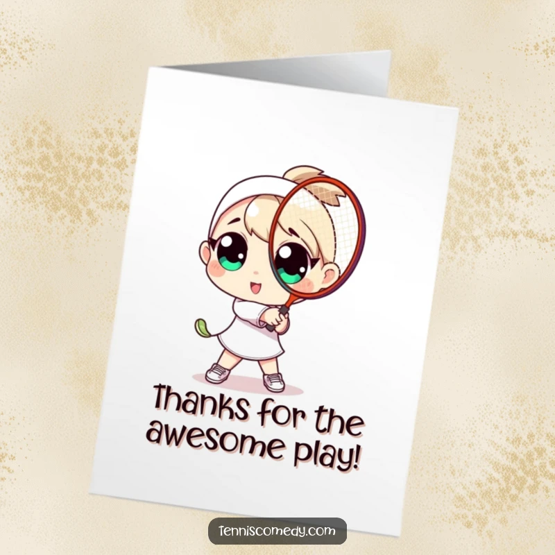Funny Free Printable thank you card: a character with enormous eyes playfully swinging a tennis racket in thanks.