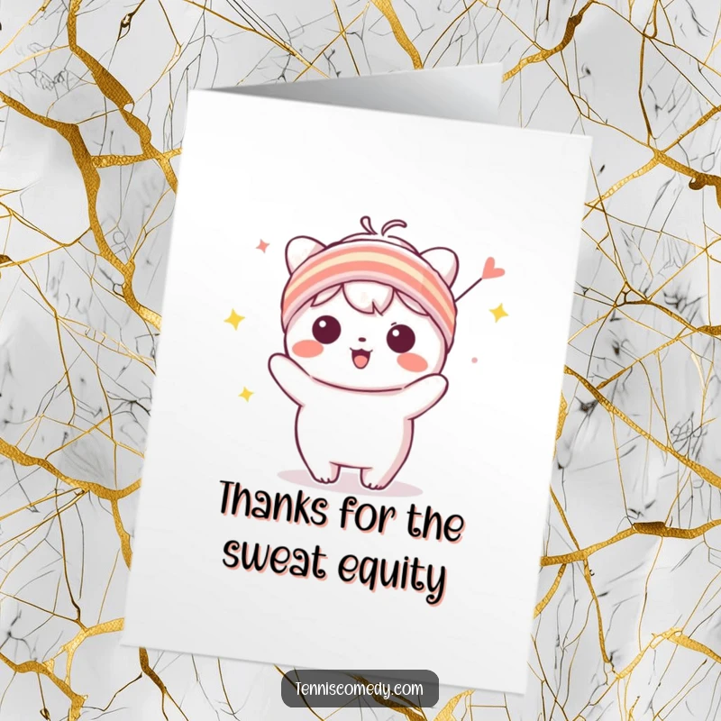 Funny Free Printable Thank You Card: Kawaii character in a sweatband celebrating, offering sincere thanks.