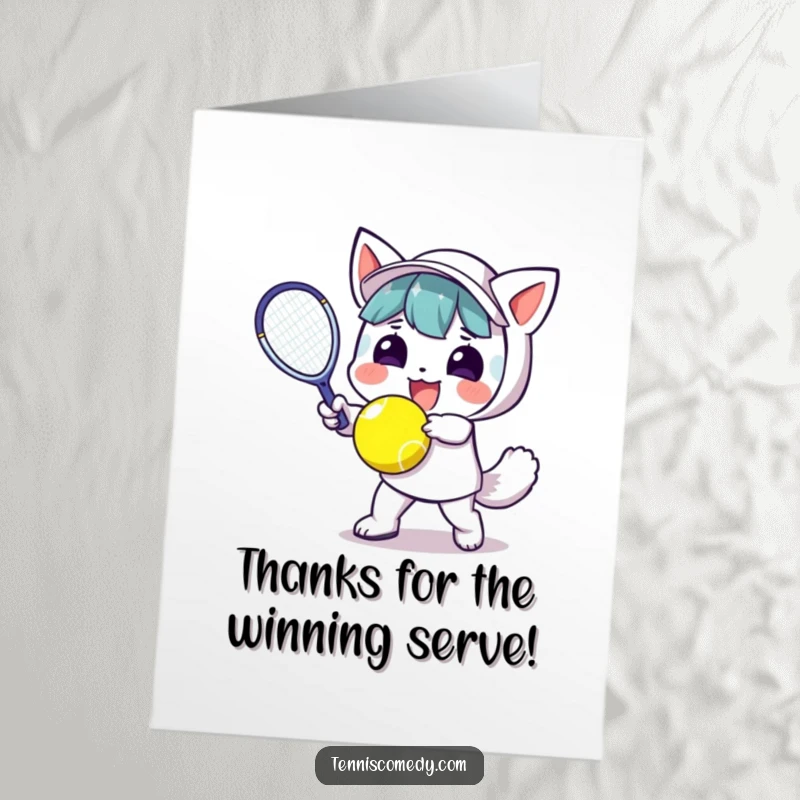 Funny Free Printable Thank You Card: Kawaii character enthusiastically hitting a tennis ball, a perfect thank you gesture.