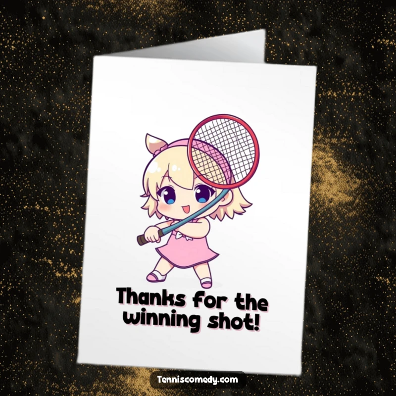 Funny Free Printable Thank You Card: Cute character playfully brandishes tennis racket like a sword, saying thanks.
