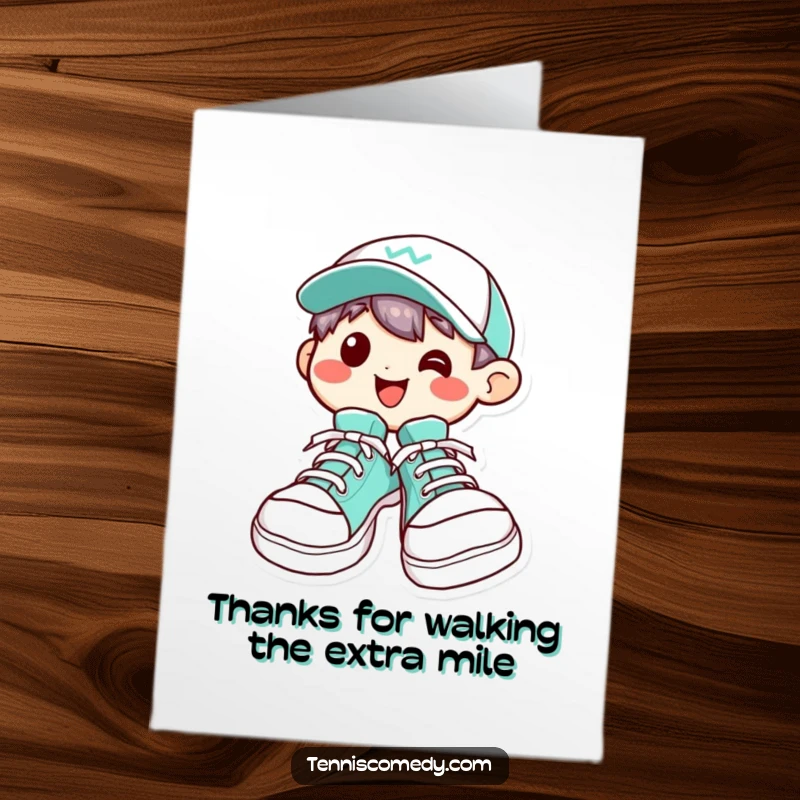 Funny Free Printable Thank You Card: A kawaii character with a big grin sporting oversized tennis shoes, ready to step up.
