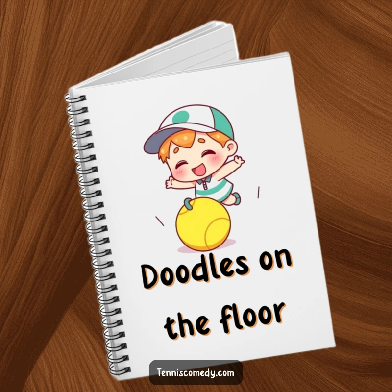 Funny cartoon character notebook tripping over a tennis ball, playful journal for notes, excellent funny gift for students.