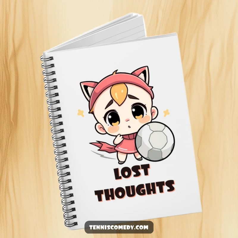 Funny notebook with a cute character looking confused by a very fast tennis ball. Ideal for humorous note-taking.