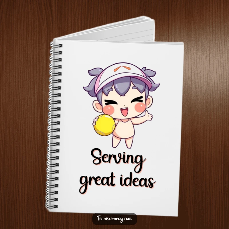 Funny cartoon character notebook serving a tennis ball with a goofy wink, playful journal for notes, excellent funny gift for students.
