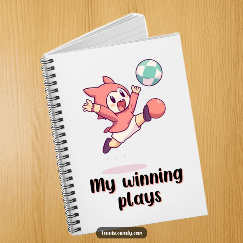 Funny notebook cover: character leaping high to hit a bouncing ball. Ideal for note-taking.
