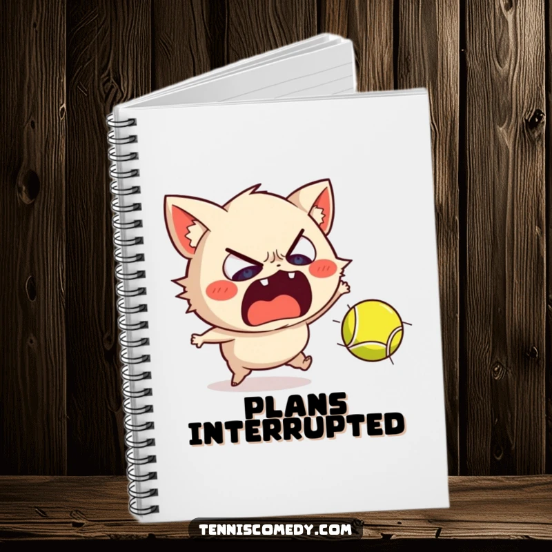 Funny notebook cover featuring a scared Staffordshire character recoiling from a fast-moving tennis ball, inspiring humorous writing.