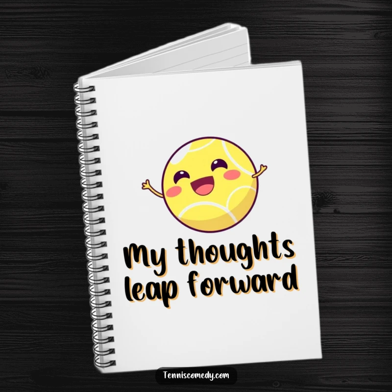 Funny tennis ball notebook with a tiny, smiling tennis ball joyfully bouncing high, ideal for jotting down game plans.