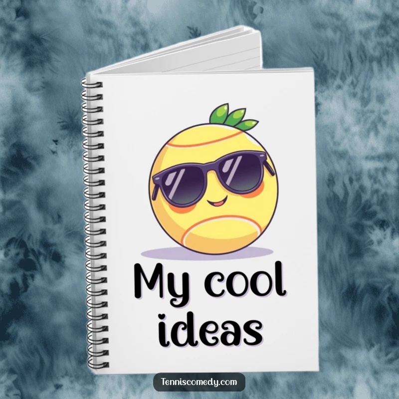 Funny notebook with a tennis ball wearing sunglasses on a court, designed for jotting notes with humorous appeal and as a gift.