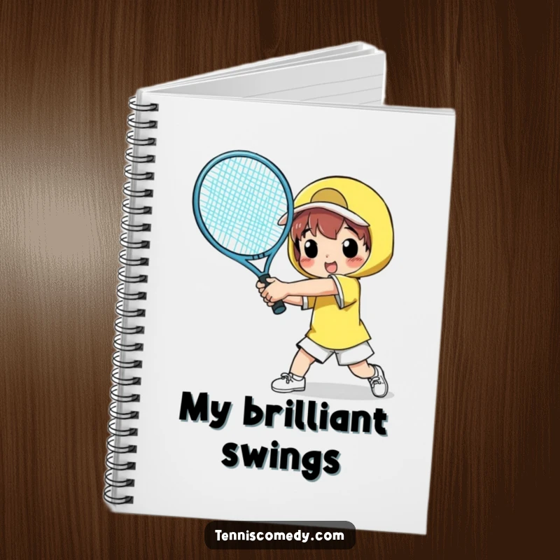 Funny notebook with a character comically swinging a giant tennis racket, perfect for jotting down notes and hilarious ideas.