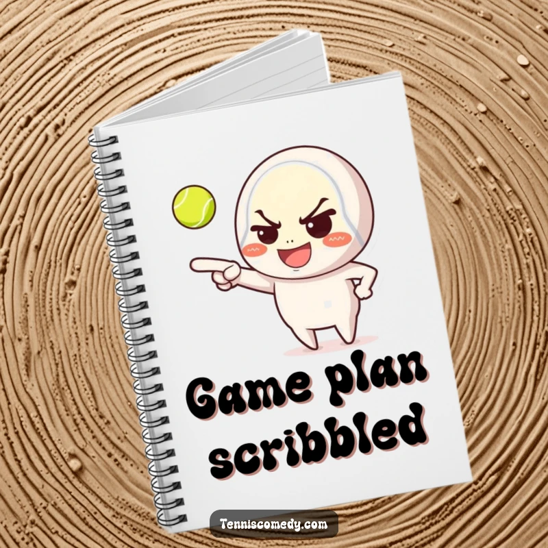Funny notebook, character with mischievous grin pointing at tennis ball, journal, playful design, ideal for students and writers.