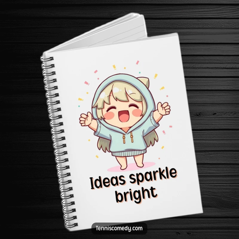 Funny notebook, cheerful character, confetti falling, festive journal, perfect for notes and planning, celebratory design.