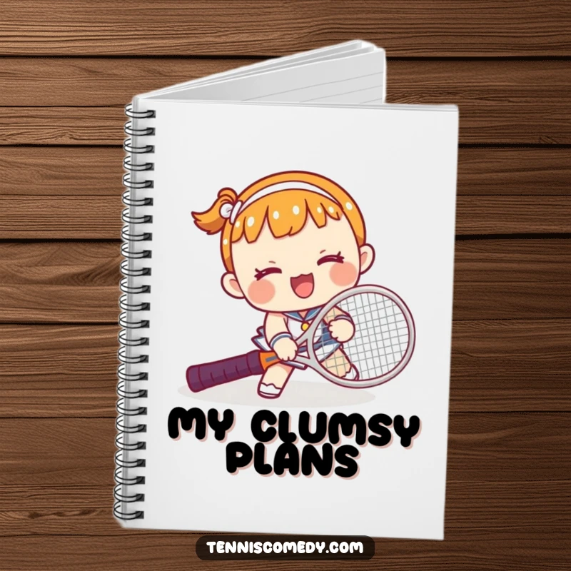 Funny Kawaii Tennis Fail Notebook: A cute character hilariously tripping over a tennis racket, perfect for note-taking with humor.