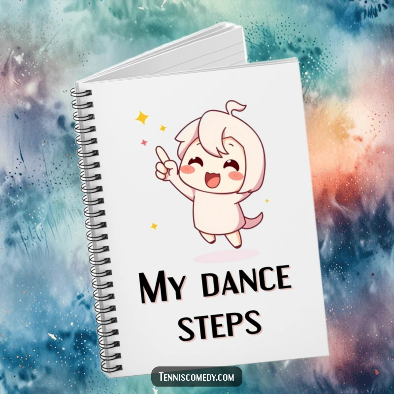 Funny cute character notebook, celebrating a point with a happy dance, perfect for noting down winning strategies.