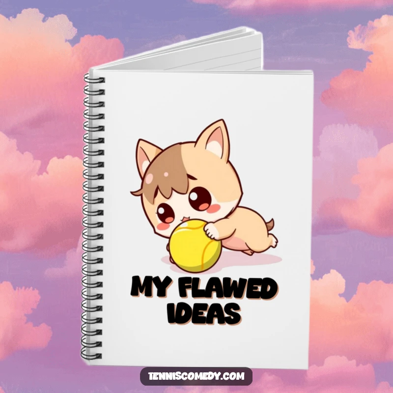 Funny notebook with a kawaii tennis player tripping over a tennis ball, looking surprised and ready for notes.
