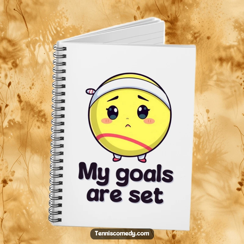 Funny tennis ball notebook with a determined tennis ball comically wearing a tiny sweatband, ideal for jotting down goals.