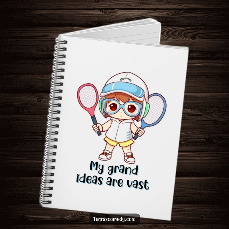 Funny notebook cover with a character in oversized tennis equipment, posing in a humorous way.