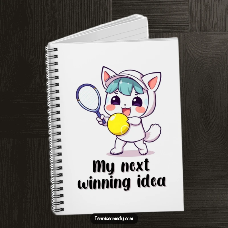 Funny Kawaii Tennis Notebook: Adorable kawaii character enthusiastically hitting a tennis ball, ideal for jotting down ideas with sporty fun.