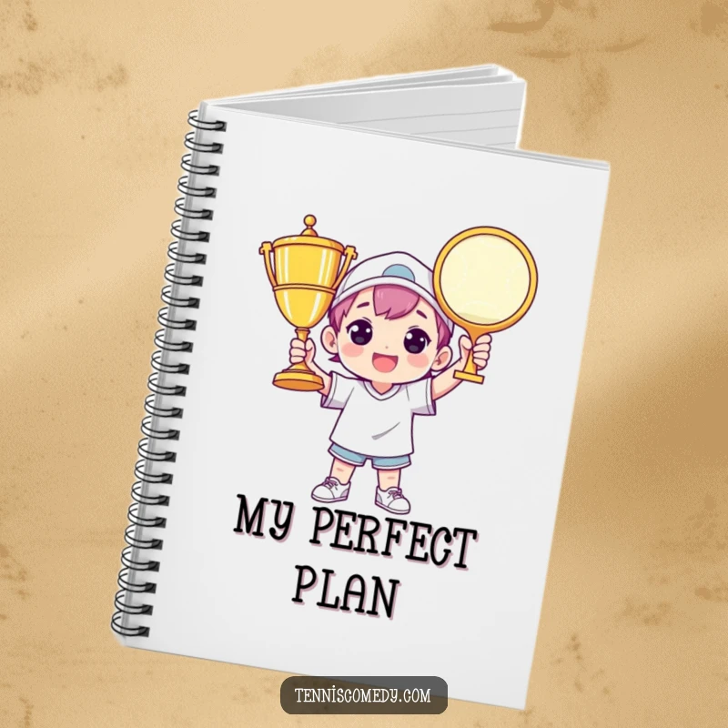 Funny tennis notebook showing a character triumphantly holding a giant tennis trophy, ideal for jotting down game plans or ideas.