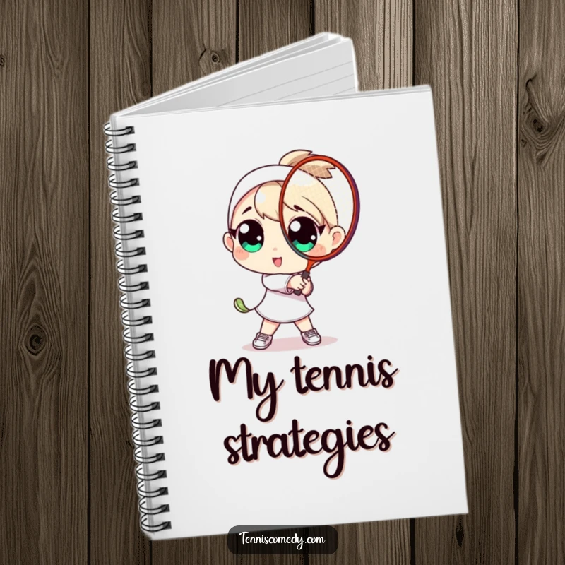 Funny notebook cover: character with oversized eyes energetically swinging a tennis racket. Ideal for note-taking.